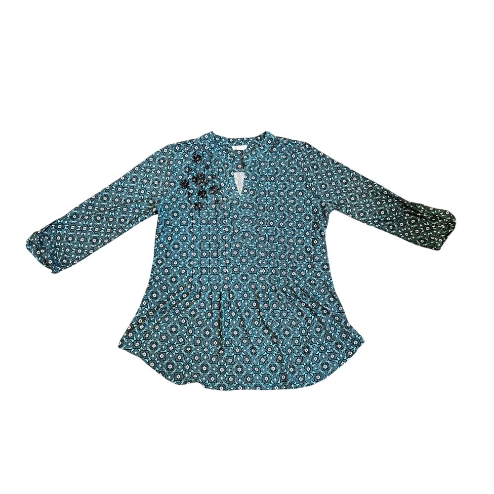 Westport Petite M Teal Black Medallion Print Beaded Split Neck Blouse Tunic